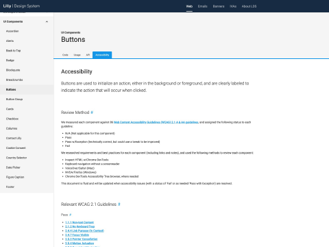 Image of Design System button component accessibility guidance page